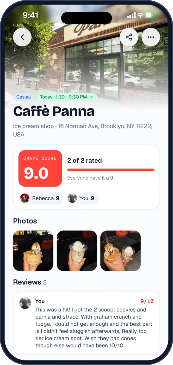 A restaurant page with a 9.0 Crave score from two members, photos and reviews